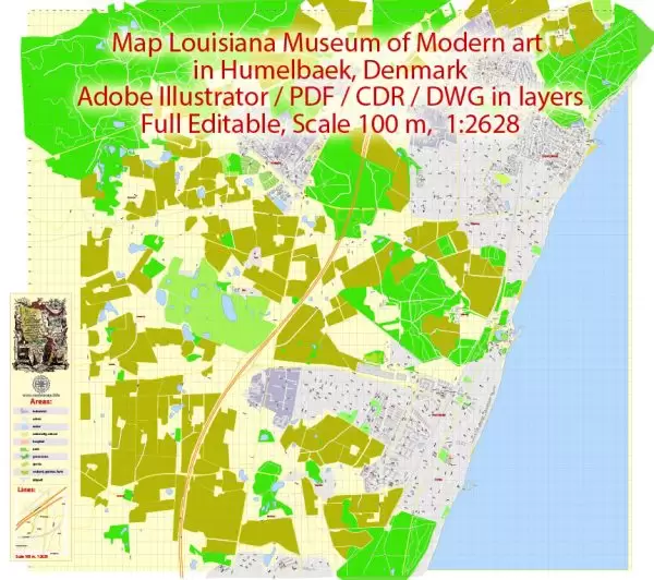 Printable Vector Map Louisiana Museum of Modern art in Humelbaek, Denmark, exact detailed City Plan, 100 meters scale map 1:2628, editable Layered DWG + DXF + PDF, 57 Mb ZIP