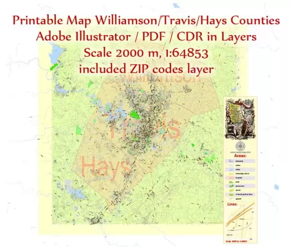 Editable Printable Map Williamson + Travis + Hays Counties + Austin, Texas US, exact detailed vector Map Scale 2000 meters, 1:64853, Adobe Illustrator