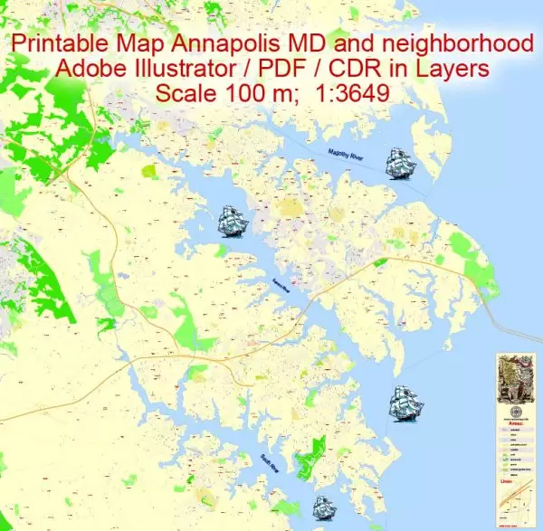 Printable Map Annapolis and Neighborhoods, Maryland US, exact vector City Plan scale 1:3649, full editable, Adobe Illustrator
