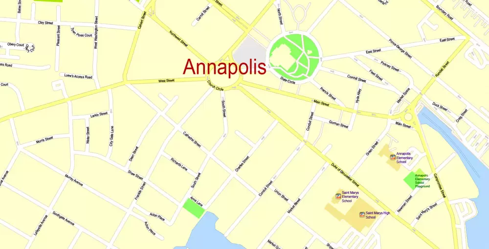 Printable Map Annapolis and Neighborhoods, Maryland US, exact vector City Plan scale 1:3649, full editable, Adobe Illustrator