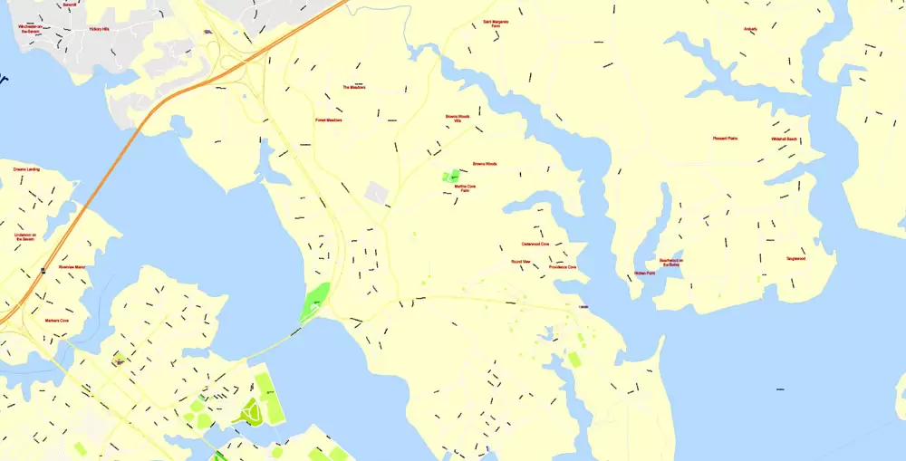 Printable Map Annapolis and Neighborhoods, Maryland US, exact vector City Plan scale 1:3649, full editable, Adobe Illustrator