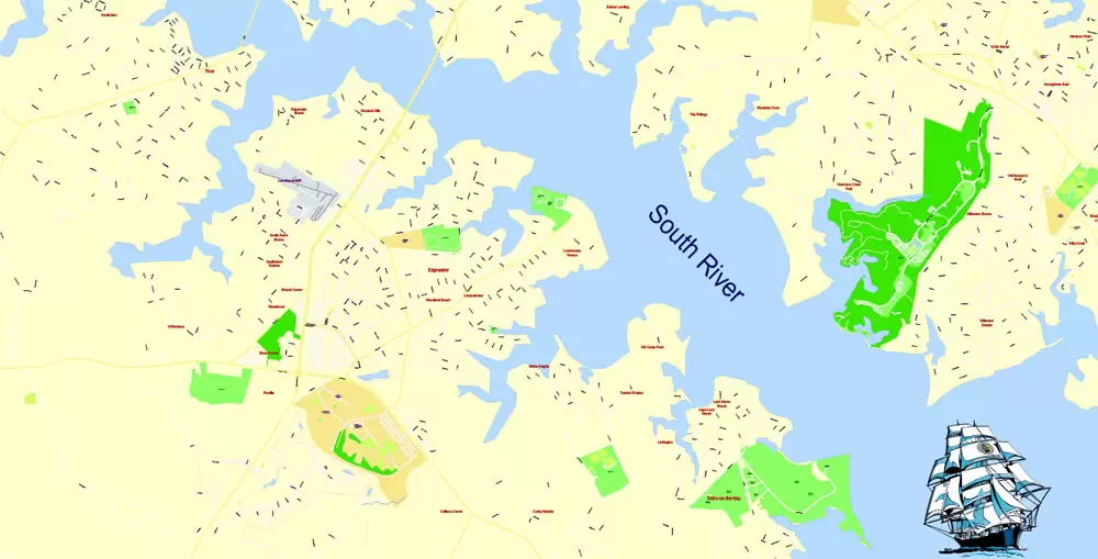 Printable Map Annapolis and Neighborhoods, Maryland US, exact vector City Plan scale 1:3649, full editable, Adobe Illustrator