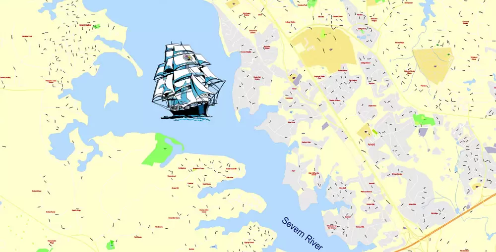 Printable Map Annapolis and Neighborhoods, Maryland US, exact vector City Plan scale 1:3649, full editable, Adobe Illustrator