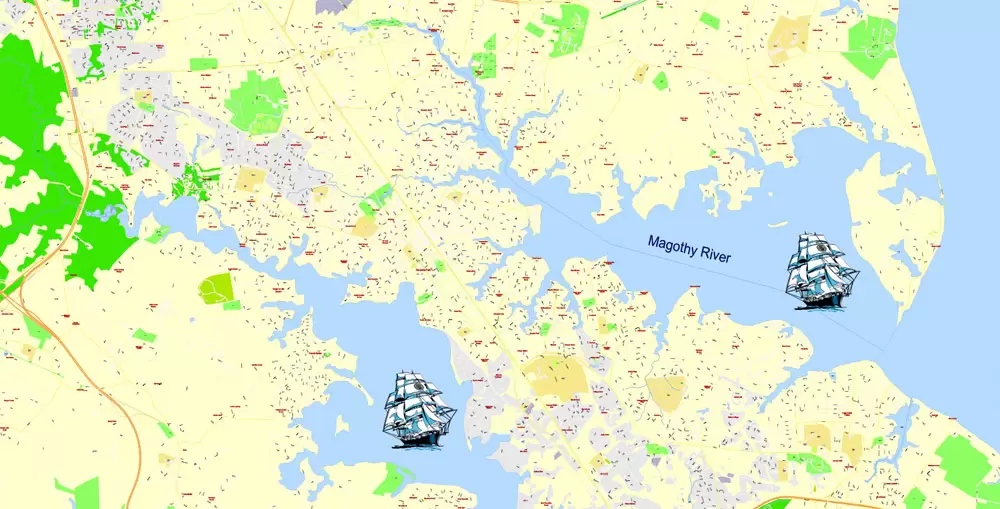 Printable Map Annapolis and Neighborhoods, Maryland US, exact vector City Plan scale 1:3649, full editable, Adobe Illustrator