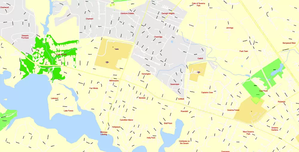 Printable Map Annapolis and Neighborhoods, Maryland US, exact vector City Plan scale 1:3649, full editable, Adobe Illustrator