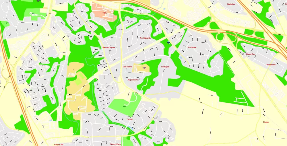 Printable Map Annapolis and Neighborhoods, Maryland US, exact vector City Plan scale 1:3649, full editable, Adobe Illustrator