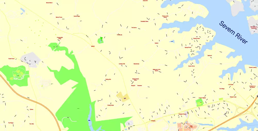 Printable Map Annapolis and Neighborhoods, Maryland US, exact vector City Plan scale 1:3649, full editable, Adobe Illustrator