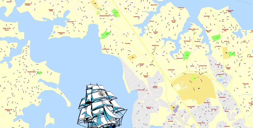 Printable Map Annapolis and Neighborhoods, Maryland US, exact vector City Plan scale 1:3649, full editable, Adobe Illustrator