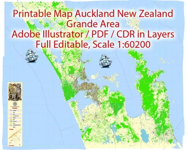 Map Auckland New Zealand Grande Area, exact vector City Plan  scale 1:60200  full editable Printable Adobe Illustrator
