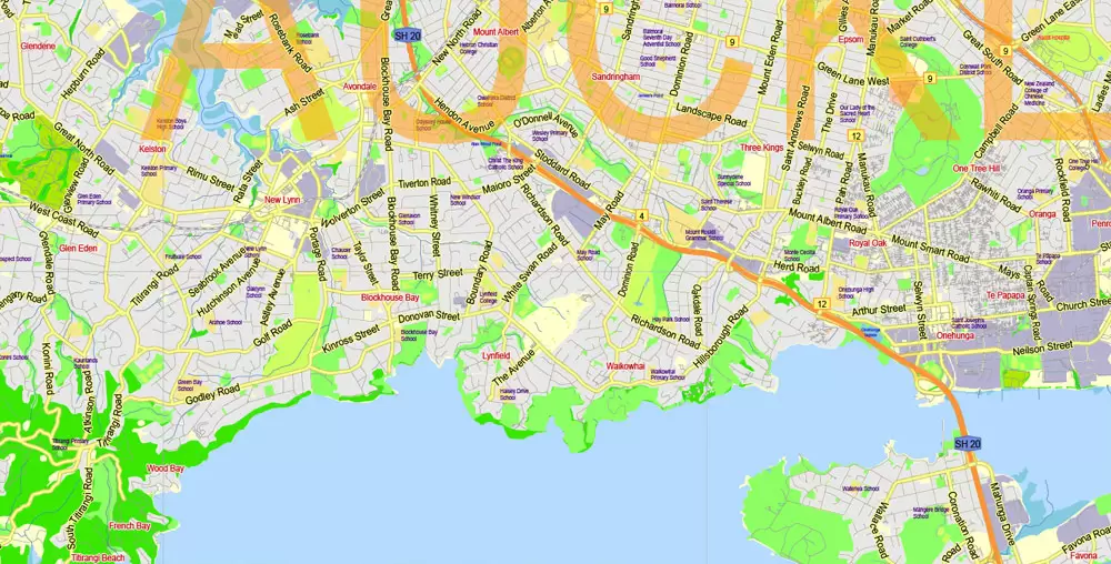 Map Auckland New Zealand Grande Area, exact vector City Plan scale 1:60200 full editable Printable Adobe Illustrator