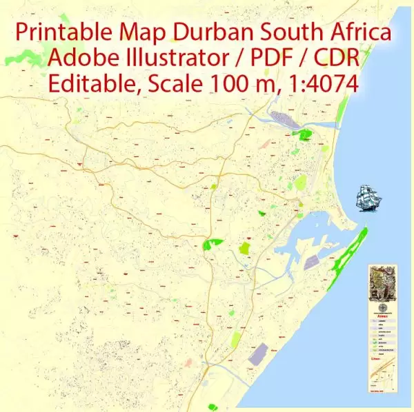 Printable Vector Map Durban South Africa, exact detailed City Plan, 100 meters scale map 1:4074, editable Layered Adobe Illustrator