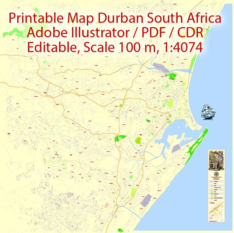 Printable Vector Map Durban South Africa, exact detailed City Plan, 100 meters scale map 1:4074, editable Layered Adobe Illustrator