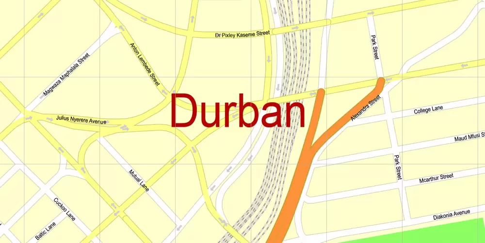 Printable Vector Map Durban South Africa, exact detailed City Plan, 100 meters scale map 1:4074, editable Layered Adobe Illustrator