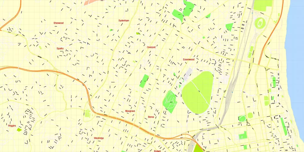 Printable Vector Map Durban South Africa, exact detailed City Plan, 100 meters scale map 1:4074, editable Layered Adobe Illustrator