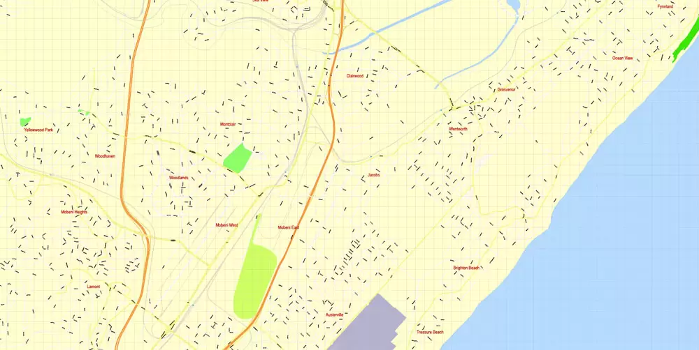 Printable Vector Map Durban South Africa, exact detailed City Plan, 100 meters scale map 1:4074, editable Layered Adobe Illustrator