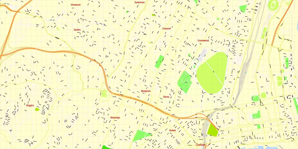 Printable Vector Map Durban South Africa, exact detailed City Plan, 100 meters scale map 1:4074, editable Layered Adobe Illustrator