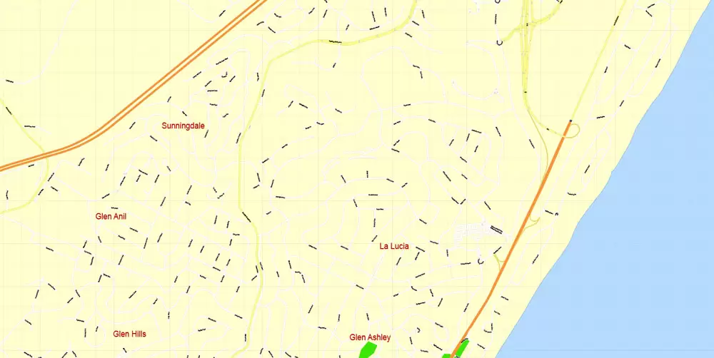 Printable Vector Map Durban South Africa, exact detailed City Plan, 100 meters scale map 1:4074, editable Layered Adobe Illustrator