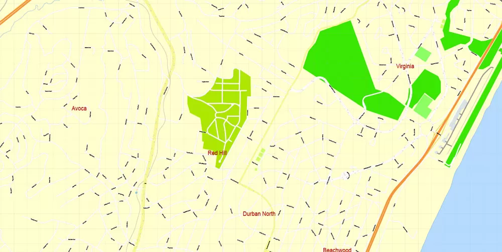 Printable Vector Map Durban South Africa, exact detailed City Plan, 100 meters scale map 1:4074, editable Layered Adobe Illustrator