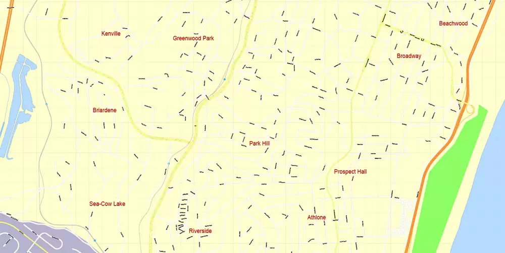 Printable Vector Map Durban South Africa, exact detailed City Plan, 100 meters scale map 1:4074, editable Layered Adobe Illustrator