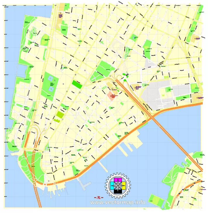 Printable Map Financial District of New York City extra detailed exact vector City Plan full editable, Adobe Illustrator