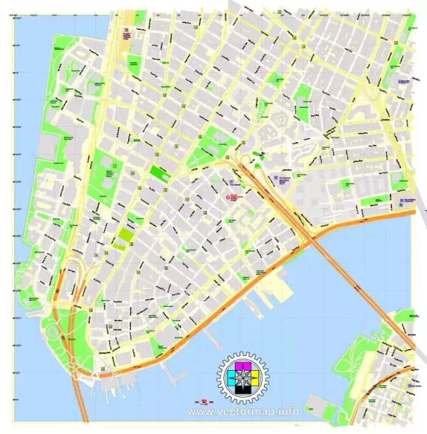 Printable Map Financial District of New York City extra detailed exact vector City Plan full editable, Adobe Illustrator