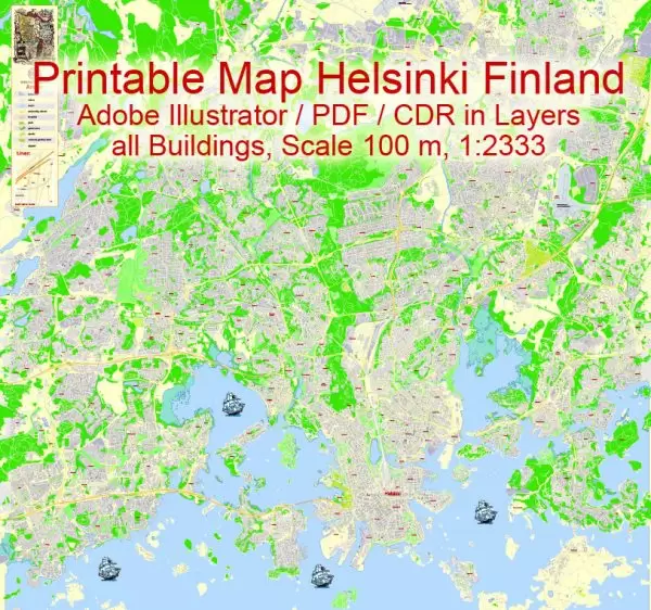 Printable Vector Map Helsinki Finland, exact detailed City Plan all Buildings, 100 meters scale map 1:2333, editable Layered Adobe Illustrator
