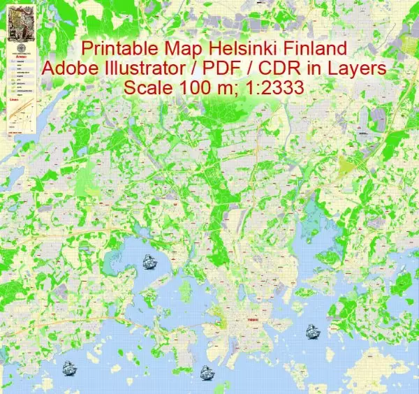 Printable Vector Map Helsinki Finland, exact detailed City Plan, 100 meters scale map 1:2333, editable Layered Adobe Illustrator, 19 Mb ZIP