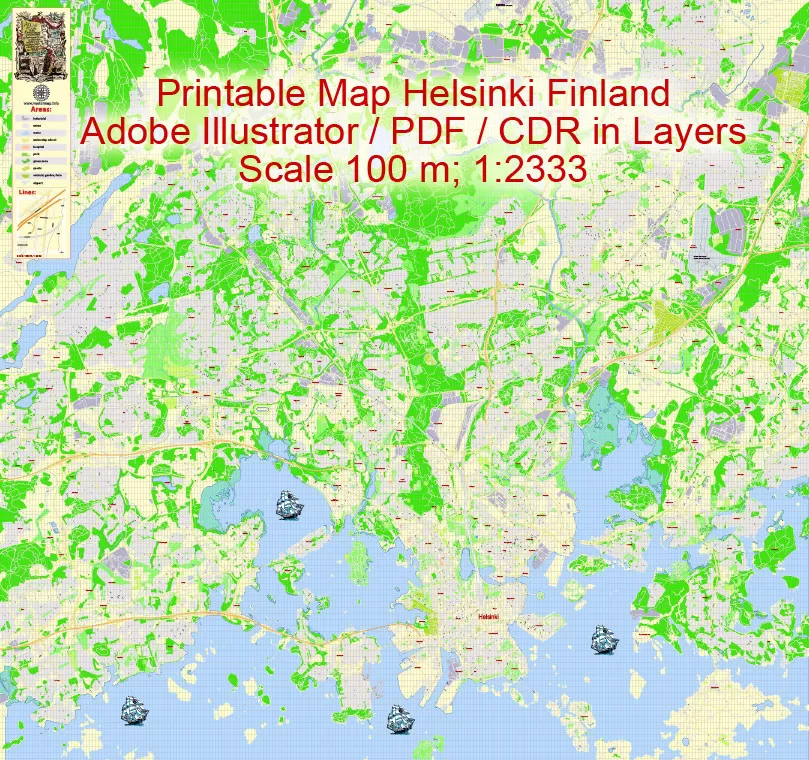 Printable Vector Map Helsinki Finland, exact detailed City Plan, 100 meters scale map 1:2333, editable Layered Adobe Illustrator, 19 Mb ZIP