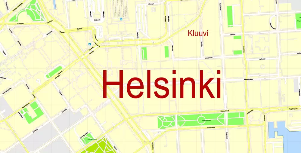 Printable Vector Map Helsinki Finland, exact detailed City Plan, 100 meters scale map 1:2333, editable Layered Adobe Illustrator, 19 Mb ZIP