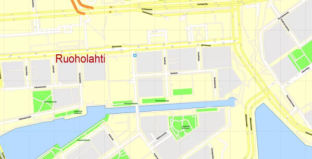 Printable Vector Map Helsinki Finland, exact detailed City Plan, 100 meters scale map 1:2333, editable Layered Adobe Illustrator, 19 Mb ZIP