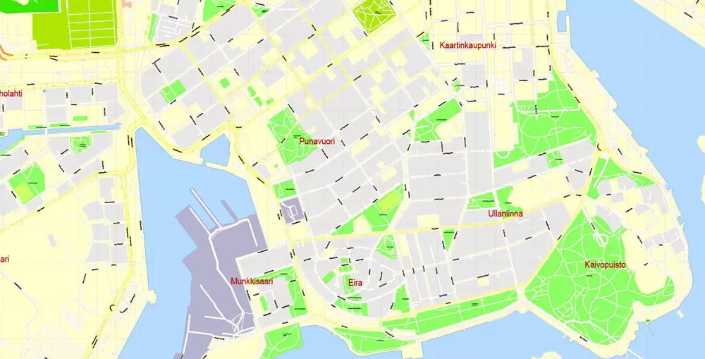 Printable Vector Map Helsinki Finland, exact detailed City Plan, 100 meters scale map 1:2333, editable Layered Adobe Illustrator, 19 Mb ZIP