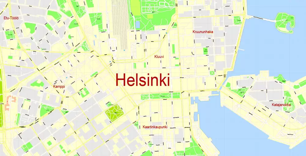 Printable Vector Map Helsinki Finland, exact detailed City Plan, 100 meters scale map 1:2333, editable Layered Adobe Illustrator, 19 Mb ZIP