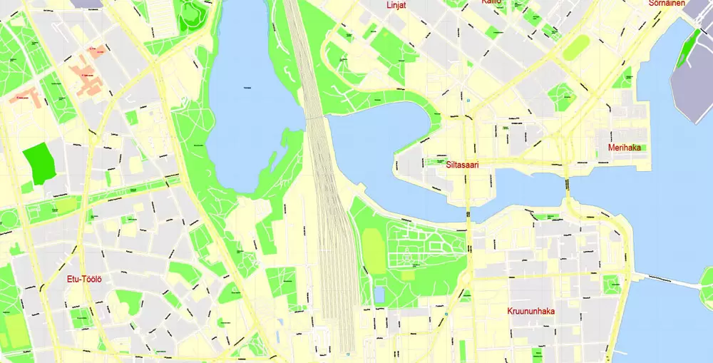 Printable Vector Map Helsinki Finland, exact detailed City Plan, 100 meters scale map 1:2333, editable Layered Adobe Illustrator, 19 Mb ZIP