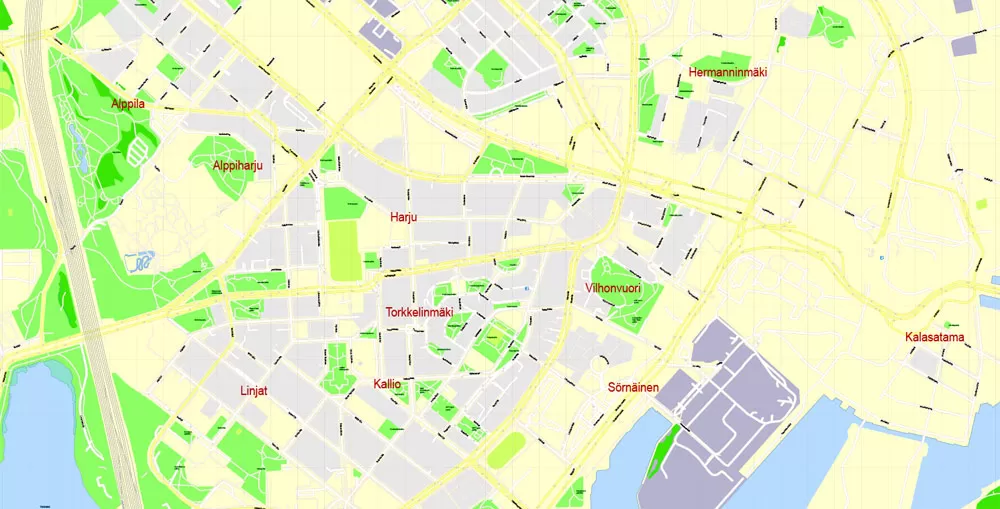 Printable Vector Map Helsinki Finland, exact detailed City Plan, 100 meters scale map 1:2333, editable Layered Adobe Illustrator, 19 Mb ZIP