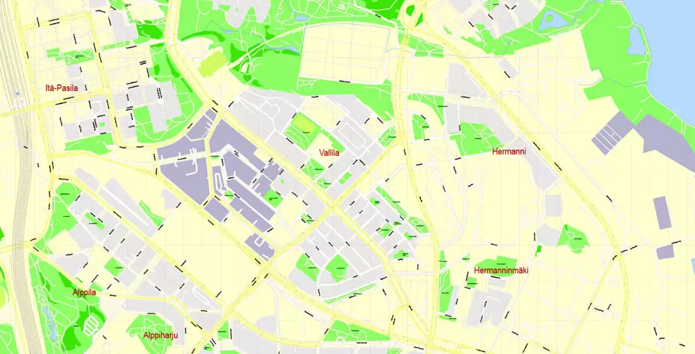 Printable Vector Map Helsinki Finland, exact detailed City Plan, 100 meters scale map 1:2333, editable Layered Adobe Illustrator, 19 Mb ZIP