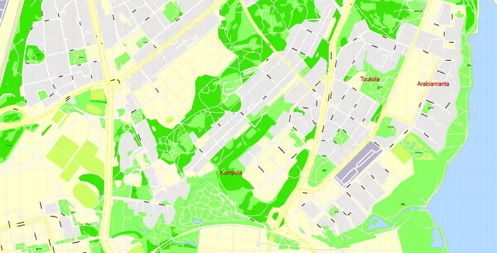Printable Vector Map Helsinki Finland, exact detailed City Plan, 100 meters scale map 1:2333, editable Layered Adobe Illustrator, 19 Mb ZIP
