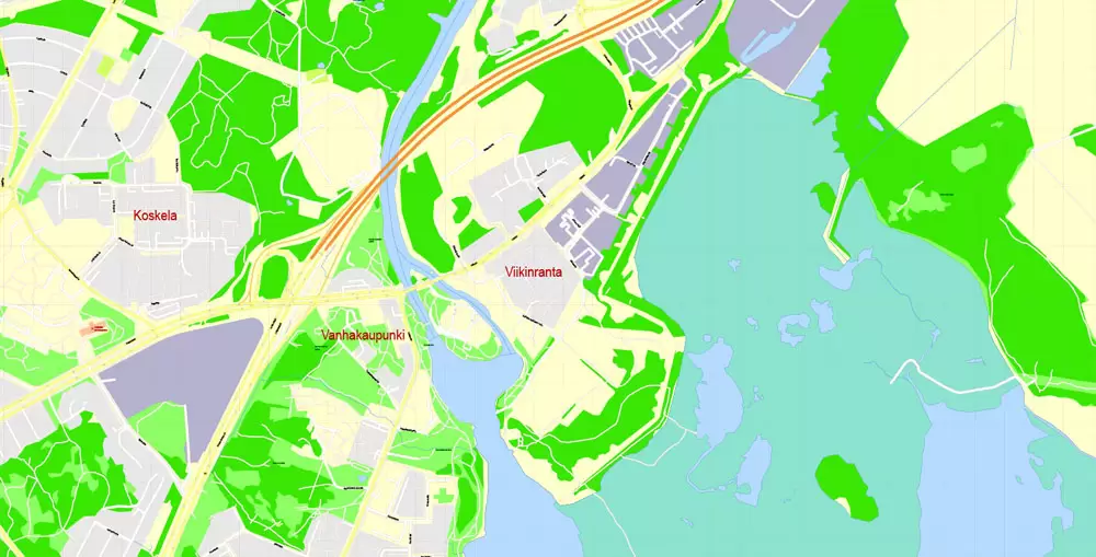 Printable Vector Map Helsinki Finland, exact detailed City Plan, 100 meters scale map 1:2333, editable Layered Adobe Illustrator, 19 Mb ZIP