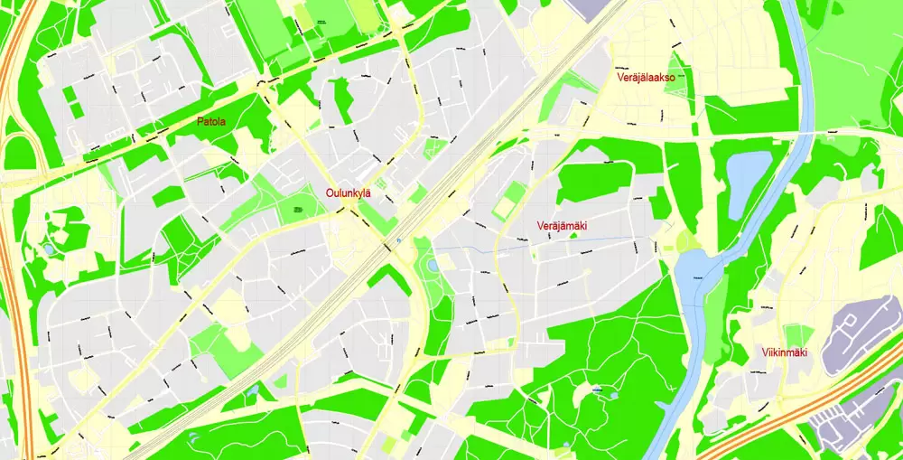 Printable Vector Map Helsinki Finland, exact detailed City Plan, 100 meters scale map 1:2333, editable Layered Adobe Illustrator, 19 Mb ZIP