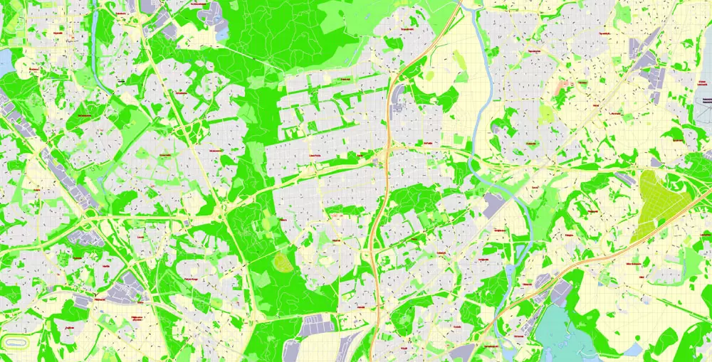 Printable Vector Map Helsinki Finland, exact detailed City Plan, 100 meters scale map 1:2333, editable Layered Adobe Illustrator, 19 Mb ZIP