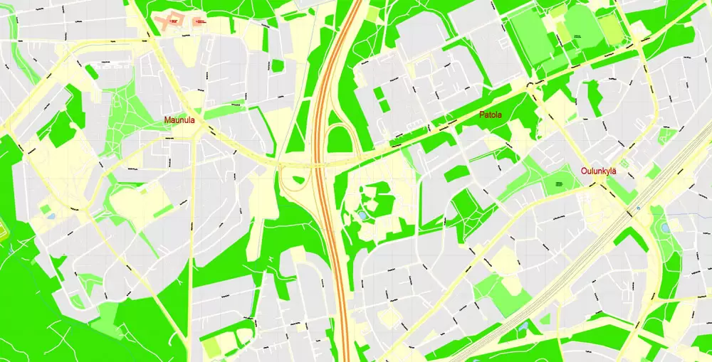Printable Vector Map Helsinki Finland, exact detailed City Plan, 100 meters scale map 1:2333, editable Layered Adobe Illustrator, 19 Mb ZIP