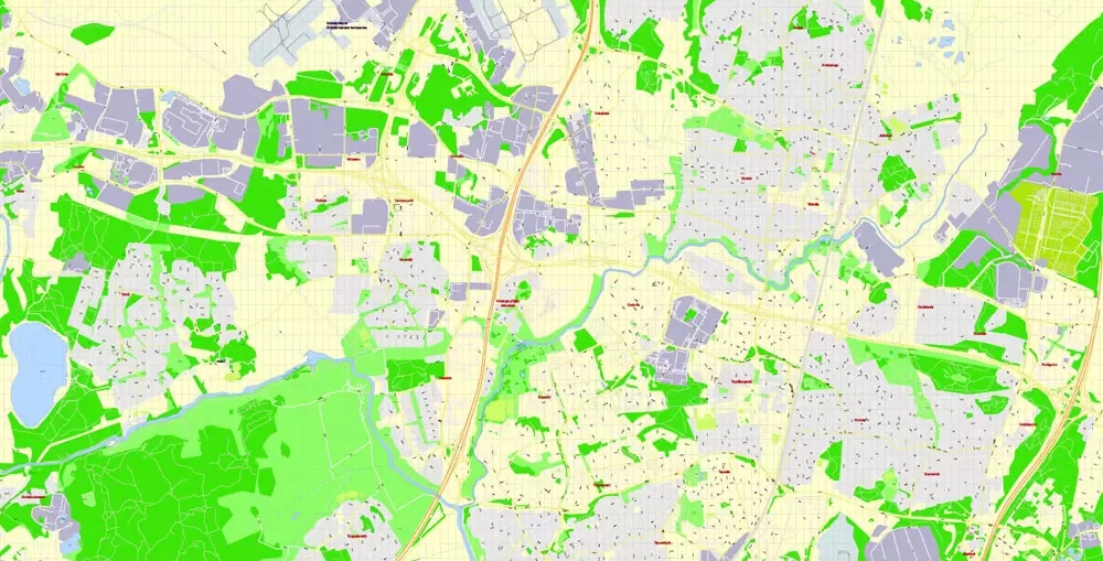 Printable Vector Map Helsinki Finland, exact detailed City Plan, 100 meters scale map 1:2333, editable Layered Adobe Illustrator, 19 Mb ZIP