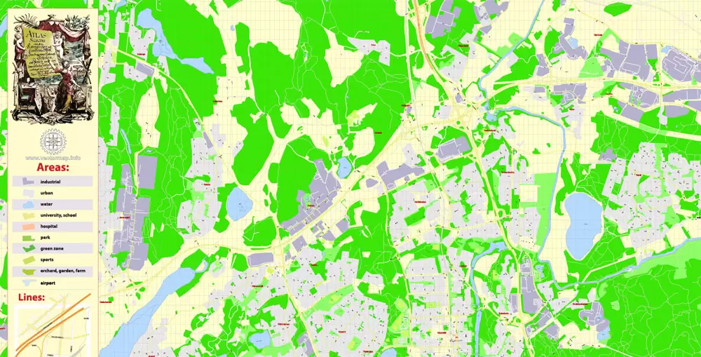 Printable Vector Map Helsinki Finland, exact detailed City Plan, 100 meters scale map 1:2333, editable Layered Adobe Illustrator, 19 Mb ZIP