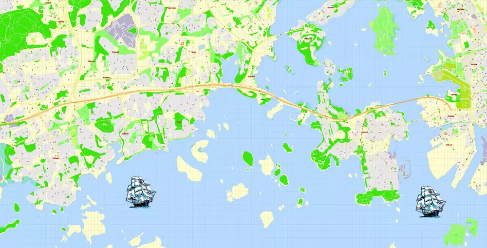 Printable Vector Map Helsinki Finland, exact detailed City Plan, 100 meters scale map 1:2333, editable Layered Adobe Illustrator, 19 Mb ZIP