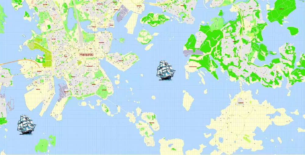 Printable Vector Map Helsinki Finland, exact detailed City Plan, 100 meters scale map 1:2333, editable Layered Adobe Illustrator, 19 Mb ZIP