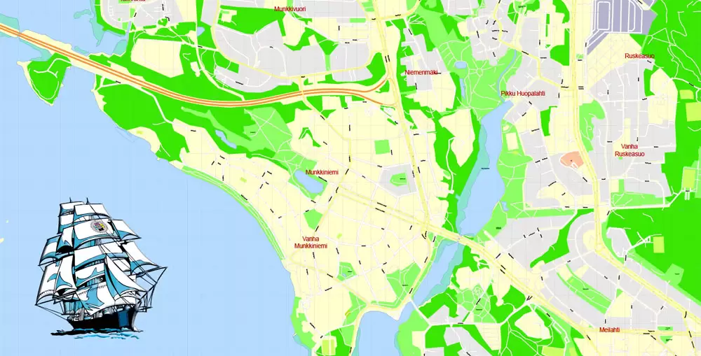 Printable Vector Map Helsinki Finland, exact detailed City Plan, 100 meters scale map 1:2333, editable Layered Adobe Illustrator, 19 Mb ZIP