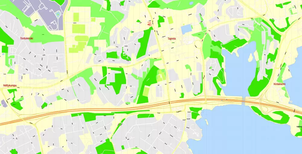 Printable Vector Map Helsinki Finland, exact detailed City Plan, 100 meters scale map 1:2333, editable Layered Adobe Illustrator, 19 Mb ZIP