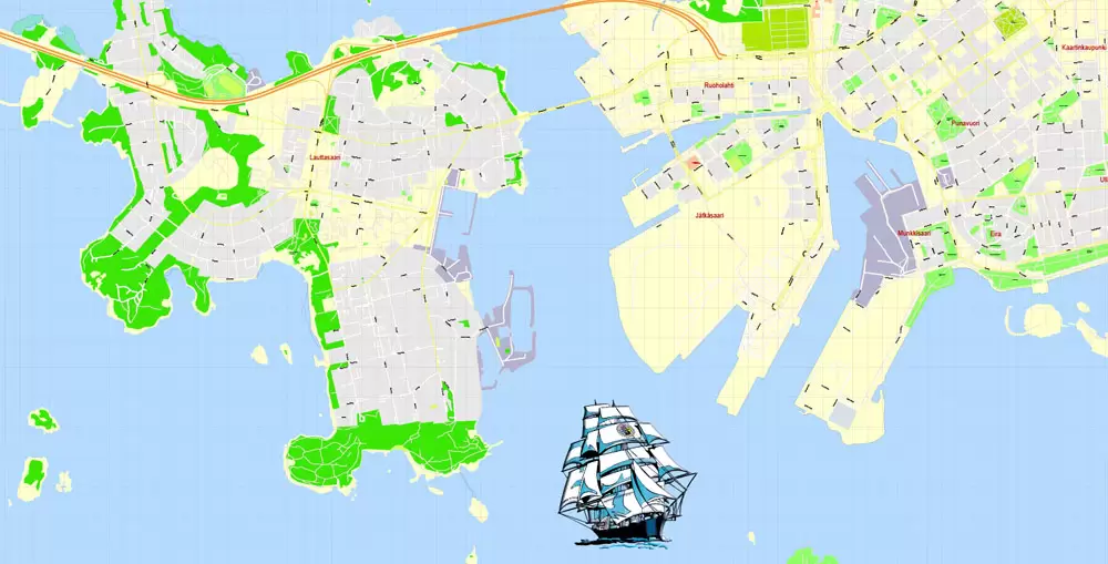 Printable Vector Map Helsinki Finland, exact detailed City Plan, 100 meters scale map 1:2333, editable Layered Adobe Illustrator, 19 Mb ZIP