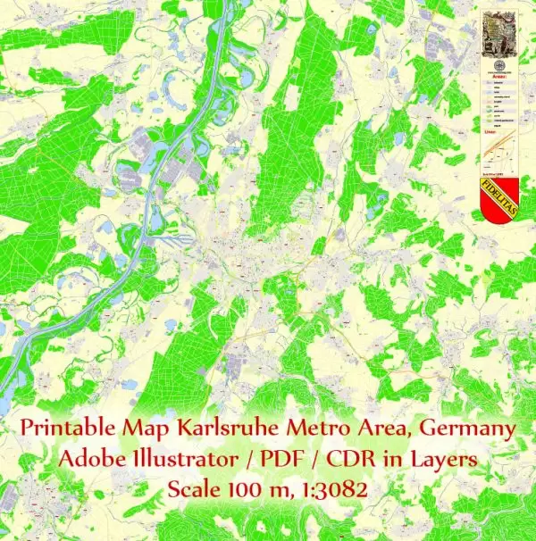 Printable Vector Map Karlsruhe Germany Metro Area, exact detailed City Plan, 100 meters scale map 1:3082, editable Layered Adobe Illustrator, 20 Mb ZIP