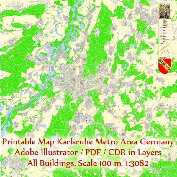 Druckbare Vektorkarte Karlsruhe Deutschland, exakter detaillierter Stadtplan alle Gebäude, 100 Meter Maßstab Karte 1: 3082, editierbarer Layered Adobe Illustrator