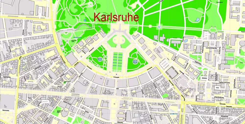 Druckbare Vektorkarte Karlsruhe Deutschland, exakter detaillierter Stadtplan alle Gebäude, 100 Meter Maßstab Karte 1: 3082, editierbarer Layered Adobe Illustrator